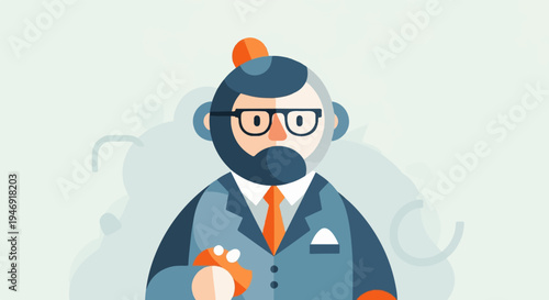 A stylized man in a suit with glasses and a beard holds a cookie