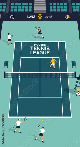 Dynamic Tennis Tournament Scene: Modern League Players in a Vibrant Stadium Environment