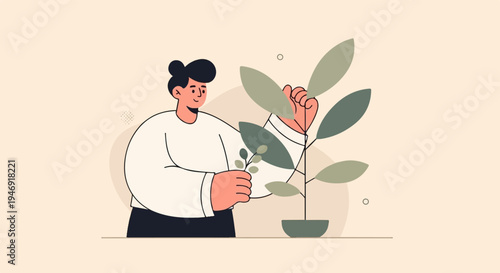 Person tending to a potted plant with stylized leaves