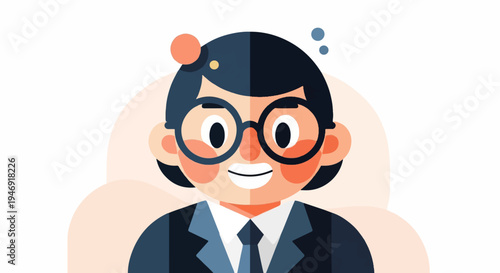 A smiling character in a suit and glasses, with abstract background shapes
