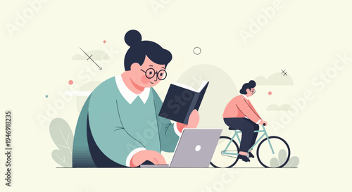 Person on laptop and book, person on bicycle in background