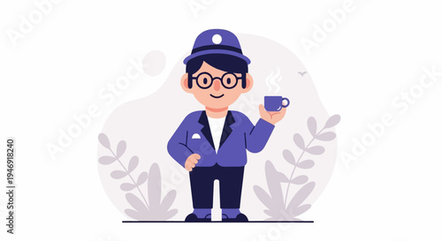 Charming character in a hat and suit holding a steaming cup of coffee