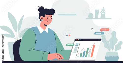Illustration of person at desk analyzing growth chart on laptop, with plants and speech bubbles