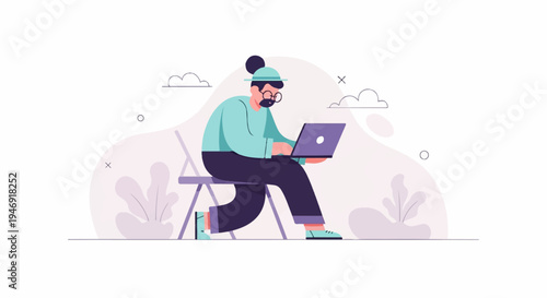 Stylized figure with beard, glasses, and hat using laptop on chair