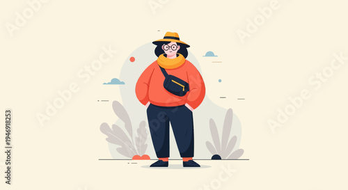 A stylized person in a hat and orange sweater with a fanny pack stands