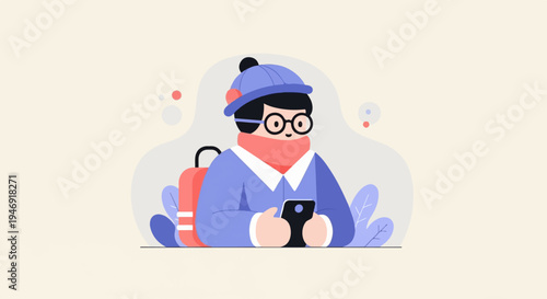 Person in winter clothes with backpack and phone, surrounded by leaves