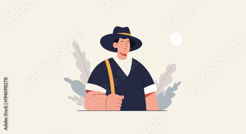 A person in a hat and dark shirt with a yellow strap walks past stylized foliage under a pale sun