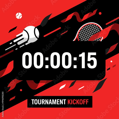 Dynamic Tennis Tournament Kickoff Countdown Featuring a Racket, Ball, and Bold Typography