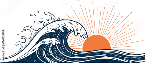 Dynamic ocean wave and setting sun vector illustration, ideal for retro surf designs and adventurous themes