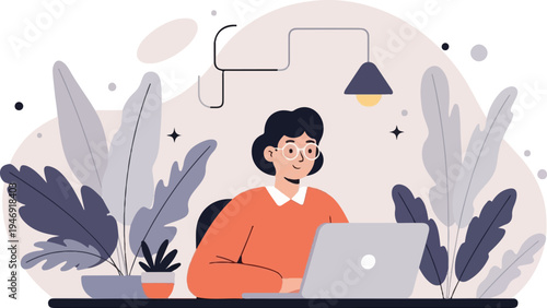 Person with glasses at desk with laptop and plants under a lamp