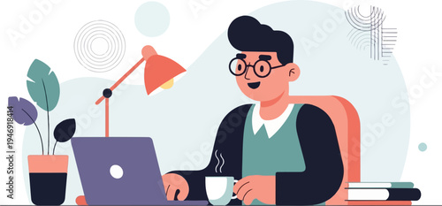 Person working at a desk with a laptop, lamp, and coffee