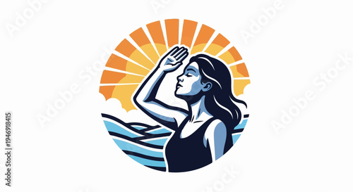 Woman shields eyes from sun overlooking ocean waves