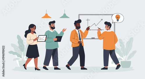 Diverse team collaborating, discussing growth, and sharing innovative ideas