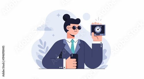 Professional with smartphone and camera, abstract background, minimalist style