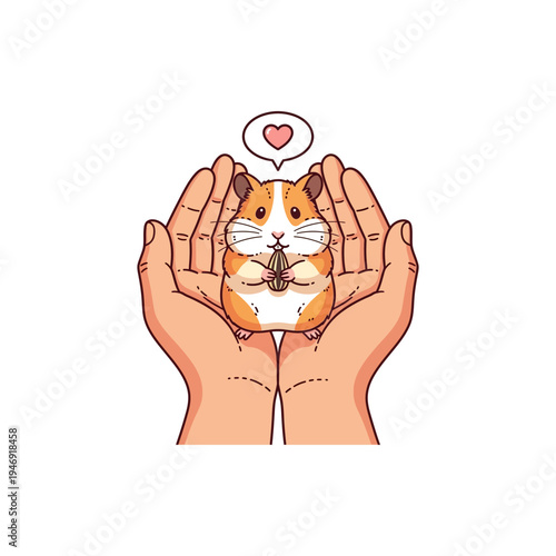 Cute cartoon hamster held gently in cupped human hands with a floating heart icon above, symbolizing love and care for pets.