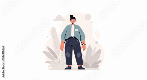 A person in casual clothing stands amidst abstract foliage and soft shapes