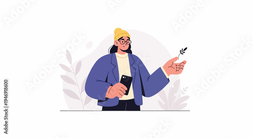 Person in casual attire holds a plant sprig and phone amidst abstract botanical shapes