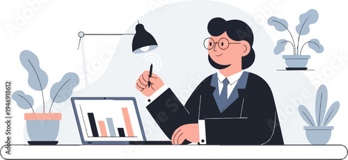 A person in a suit uses a stylus on a laptop, with plants nearby