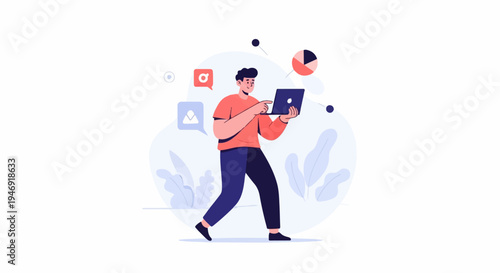 A smiling man in casual wear walks while using a laptop, surrounded by icons and abstract shapes