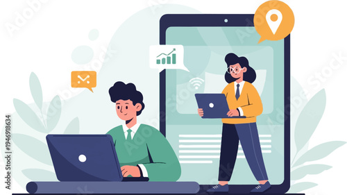 Two people collaborate using technology to analyze data and communicate effectively