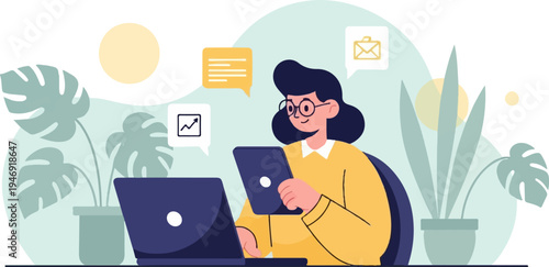 Person working on laptop and tablet, surrounded by plants, with chat and email icons