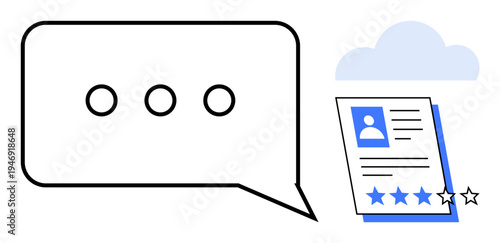 Speech bubble with dots symbolizes communication alongside a rating card with stars under a cloud. Ideal for user review, feedback, evaluation, cloud service, online rating, customer satisfaction