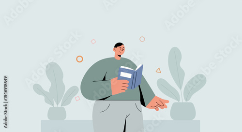 A person reads a book surrounded by plants and abstract shapes on a light blue background