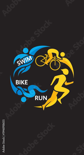Dynamic Triathlon Design Illustrating Swim, Bike, and Run with Vivid Color Palette and Motion