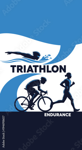 Dynamic Triathlon Design Illustrating Swimming, Cycling, and Running Endurance Competitions