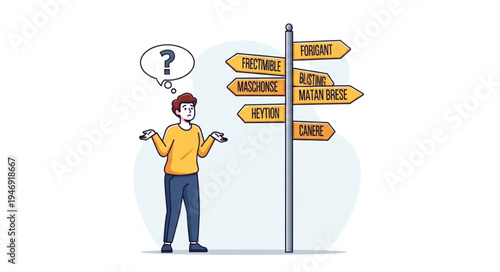 Man confused at sign post.