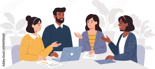 Four diverse colleagues collaborate at a desk with a laptop and papers, discussing ideas