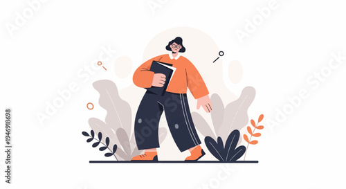 Person in orange shirt and dark pants walks with a book, surrounded by abstract foliage and shapes