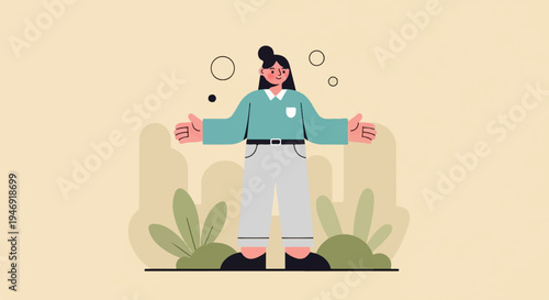 A stylized person stands with arms outstretched, surrounded by abstract shapes and plants