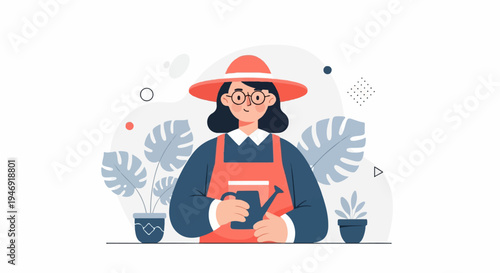Stylized illustration of a person with a hat and apron watering plants