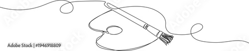 continuous line drawing of artist paint palette and brush, line art vector illustration