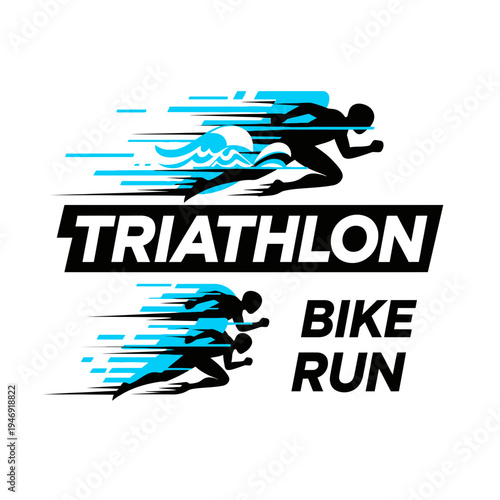 Dynamic Triathlon Logo Showcasing Run, Swim, and Cycle Elements with Energetic Speed Lines