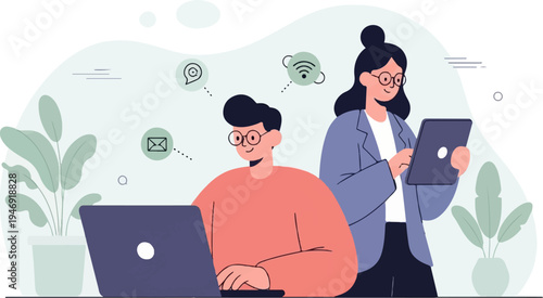 Colleagues work together using technology in an office setting, plants add life