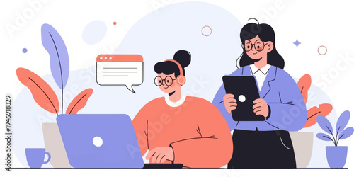 Colleagues collaborate on a project, one with a laptop, other with tablet, in a modern office setting