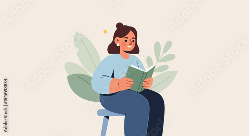 A woman sits on a stool, engrossed in a book, surrounded by stylized green leaves and a yellow dot