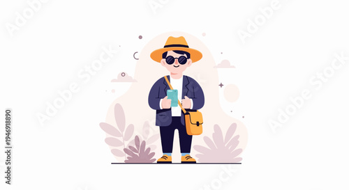 Trendy person with a hat and sunglasses holding a phone and a satchel