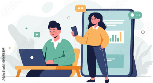 Two individuals engage with technology, one using a laptop, the other a phone, near a large screen displaying charts