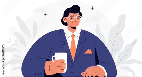 Professional person in a blue suit, holding a white mug with an orange tie and pocket square