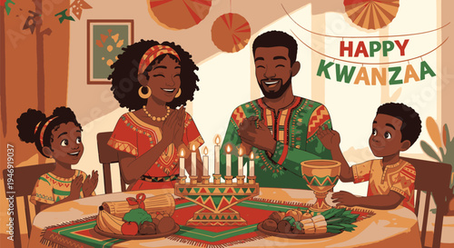 Family Celebrating Kwanzaa with Kinara and Gifts.