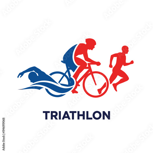 Dynamic Triathlon Illustration Showcasing Swim, Cycle, and Run Athletes in Energetic Poses