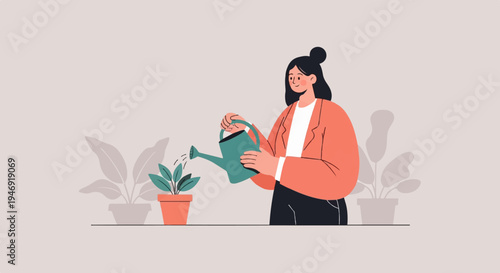 Woman watering a potted plant with a watering can, surrounded by other plants
