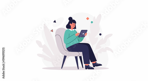 Woman using a tablet while sitting on a chair with abstract shapes