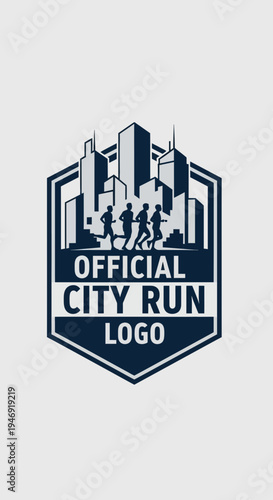 Dynamic Urban Run Emblem Depicting City Silhouette and Energetic Runners for Athletic Branding