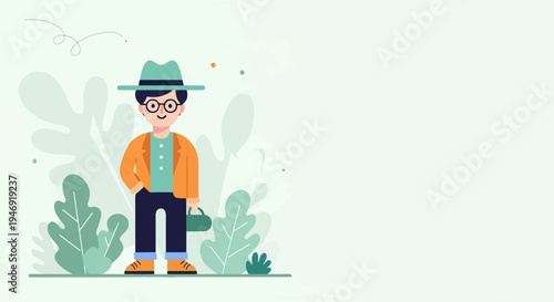 Stylized person in hat and jacket with case, near abstract foliage, light background