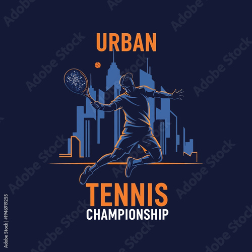 Dynamic Urban Tennis Championship Illustration Featuring Player Silhouette and Cityscape Elements