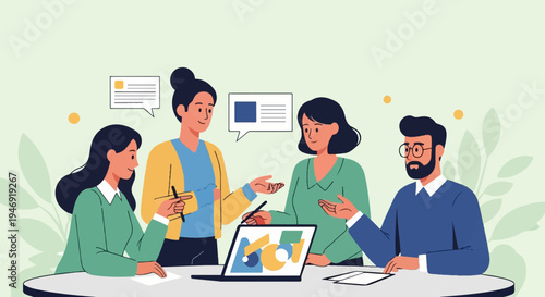 Diverse group collaborating on a project around a laptop with charts, engaging in discussion